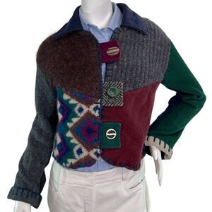 Baabaazuzu Patchwork Wool Upcycled Sweater Jacket Hand Blanket Stitched $218 SM
